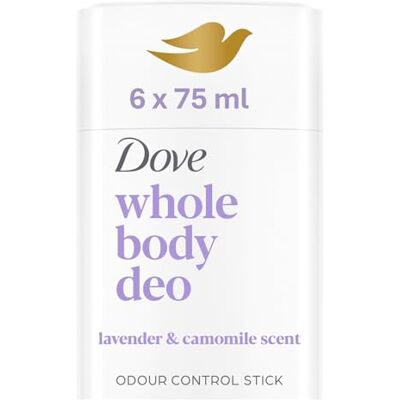 Dove Lavender & Camomile Whole Body Deodorant Stick 0% aluminium deodorant for all-day odour control 75 ml Pack of 6 Dove Lavender & Camomile Whole Body Deodorant Stick 0% aluminium deodorant for all-day odour control 75 ml Pack of 6