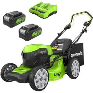 Greenworks 48V (2x24V) Self Propelled Cordless Lawnmower for Large Lawns up to 480m2, 46cm Cutting Width, 55LBag PLUS Two 4Ah Batteries and Twin Charger, 3 Year Guarantee GD24X2LM46SPK4X Greenworks 48V (2x24V) Self Propelled Cordless Lawnmower for Large Lawns up to 480m2, 46cm Cutting Width, 55LBag PLUS Two 4Ah Batteries and Twin Charger, 3 Year Guarantee GD24X2LM46SPK4X