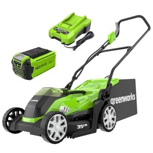 Greenworks 40V Cordless Lawnmower for Lawns up to 200m², 35cm Cutting Width, 40L Bag PLUS 40V 2Ah Battery & Charger, 3 Year Guarantee-G40LM35K2, Green, Black, Grey Greenworks 40V Cordless Lawnmower for Lawns up to 200m², 35cm Cutting Width, 40L Bag PLUS 40V 2Ah Battery & Charger, 3 Year Guarantee-G40LM35K2, Green, Black, Grey