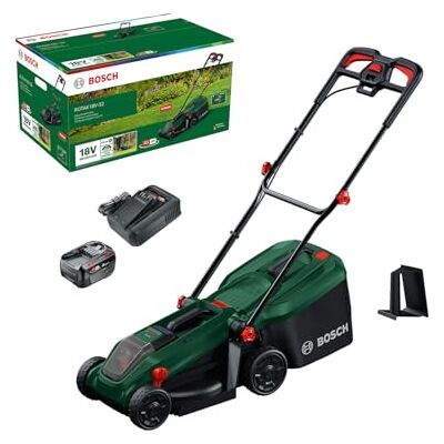 Bosch Cordless Lawn Mower ROTAK18V-32 (Cutting Width: 32 cm, Height of Cut: 25-65 mm, 35 l Fabric Grass Bag, Mulch plug, incl Battery and Charger) Bosch Cordless Lawn Mower ROTAK18V-32 (Cutting Width: 32 cm, Height of Cut: 25-65 mm, 35 l Fabric Grass Bag, Mulch plug, incl Battery and Charger)