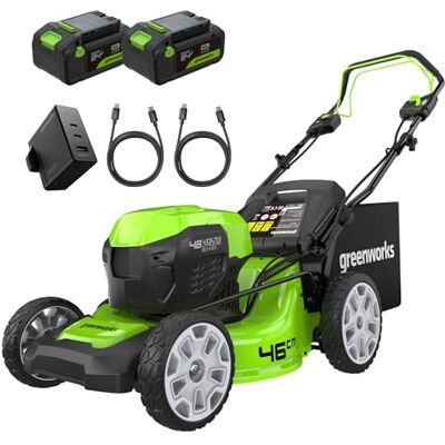 Greenworks 48V (2x24V) Self Propelled Cordless Lawnmower for Large Lawns up to 480m2, 46cm Cutting Width, 55LBag PLUS Two 4Ah Batteries and Twin Charger, 3 Year Guarantee GD24X2LM46SPK4X Greenworks 48V (2x24V) Self Propelled Cordless Lawnmower for Large Lawns up to 480m2, 46cm Cutting Width, 55LBag PLUS Two 4Ah Batteries and Twin Charger, 3 Year Guarantee GD24X2LM46SPK4X