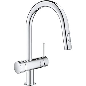 Grohe Minta – 1 Lever Kitchen Sink Pull Out Dual Spray Mixer Tap with Integrated Stop Valve (High C-Spout, 90° Swivel Area, 46 mm Ceramic Cartridge, Tails 3/8 Inch), Size 379 mm, Chrome, 31916000 Grohe Minta – 1 Lever Kitchen Sink Pull Out Dual Spray Mixer Tap with Integrated Stop Valve (High C-Spout, 90° Swivel Area, 46 mm Ceramic Cartridge, Tails 3/8 Inch), Size 379 mm, Chrome, 31916000