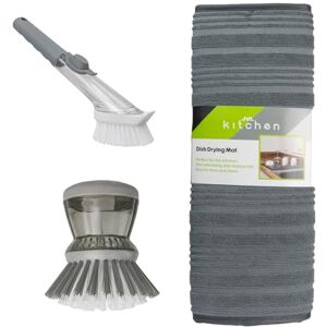 JVL Sesha Dish Drying Mat, Soap Dispensing Dish Brush with Refill Head & Soap Dispensing Scrubbing Brush – Kitchen Sink Draining Mat Cleaning Set JVL Sesha Dish Drying Mat, Soap Dispensing Dish Brush with Refill Head & Soap Dispensing Scrubbing Brush – Kitchen Sink Draining Mat Cleaning Set