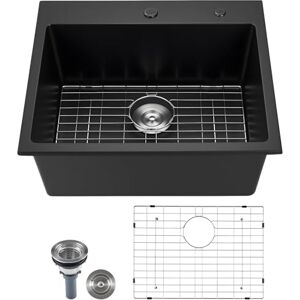 VEVOR 63 cm Kitchen Sink Workstation, Top Mount Granite Sinks, Drop-in Single Bowl Farmhouse Basin with Multiple Accessories, Household Dishwasher Sinks for RV, Prep Kitchen, and Bar (Black) VEVOR 63 cm Kitchen Sink Workstation, Top Mount Granite Sinks, Drop-in Single Bowl Farmhouse Basin with Multiple Accessories, Household Dishwasher Sinks for RV, Prep Kitchen, and Bar (Black)