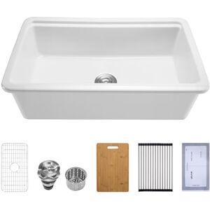 VEVOR 33x19 inch Farmhouse Sink, White Sink Workstation, Fireclay Topmount Undermount Basin, Drop-in Single Bowl Basin with Multiple Accessories, Large Capacity Household Dishwasher Sinks for Kitchen VEVOR 33x19 inch Farmhouse Sink, White Sink Workstation, Fireclay Topmount Undermount Basin, Drop-in Single Bowl Basin with Multiple Accessories, Large Capacity Household Dishwasher Sinks for Kitchen