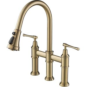 Kraus Allyn Transitional Bridge Kitchen Faucet with Pull-Down Sprayhead in Brushed Gold, KPF-3121BG Kraus Allyn Transitional Bridge Kitchen Faucet with Pull-Down Sprayhead in Brushed Gold, KPF-3121BG