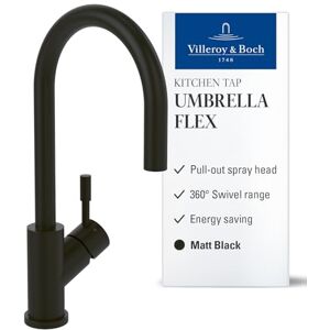 Villeroy & Boch Umbrella Flex Kitchen Faucet, High Pressure Kitchen Tap with Pull Out and 360° Swivel, Water-Saving Sink Faucet, Spout Height 220mm, Matte Black Villeroy & Boch Umbrella Flex Kitchen Faucet, High Pressure Kitchen Tap with Pull Out and 360° Swivel, Water-Saving Sink Faucet, Spout Height 220mm, Matte Black