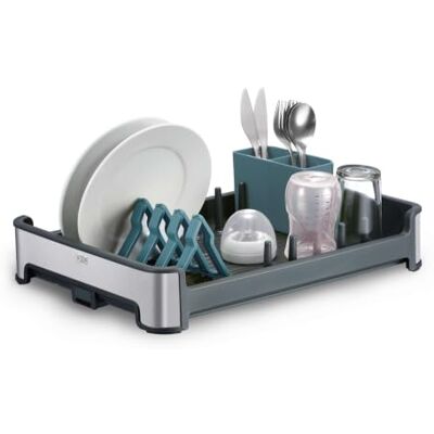 EKO Regal Dish Rack, Self-Draining Dish Drying Rack with Cutlery Holder, Foldable Plate Rack, Compact Kitchen Dish Drainer for Worktop, Sink & Draining Board, Brushed Finish EKO Regal Dish Rack, Self-Draining Dish Drying Rack with Cutlery Holder, Foldable Plate Rack, Compact Kitchen Dish Drainer for Worktop, Sink & Draining Board, Brushed Finish