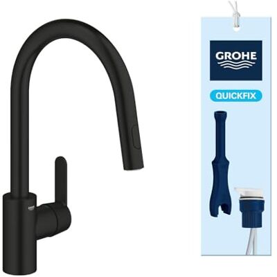 Grohe Get Kitchen Sink Pull-Out Mixer Tap (2 Spray Options, High Spout 381mm, 360° Swivel Range, 35mm Ceramic Cartridge, Smooth Docking, Tails 3/8 Inch, QuickMount Included), Matt Black, 314842431 Grohe Get Kitchen Sink Pull-Out Mixer Tap (2 Spray Options, High Spout 381mm, 360° Swivel Range, 35mm Ceramic Cartridge, Smooth Docking, Tails 3/8 Inch, QuickMount Included), Matt Black, 314842431