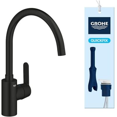 Grohe Get – 1 Lever Kitchen Mixer Tap (High C-Spout Size 353mm, Selectable Swivel Range, Ceramic Cartridge 35mm, Tails 3/8 Inch, Easy to Install with QuickMount), Matt Black, 314942431 Grohe Get – 1 Lever Kitchen Mixer Tap (High C-Spout Size 353mm, Selectable Swivel Range, Ceramic Cartridge 35mm, Tails 3/8 Inch, Easy to Install with QuickMount), Matt Black, 314942431