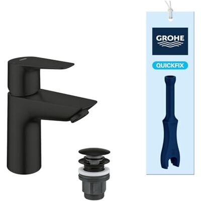 Grohe Start Edge QuickFix – Smooth Body Basin Mixer Tap with Push-Open Waste Set (S-Size, 28 mm Ceramic Cartridge, Energy- & Water Saving, Tails 3/8 Inch, QuickTool Included), Matt Black, 239002431 Grohe Start Edge QuickFix – Smooth Body Basin Mixer Tap with Push-Open Waste Set (S-Size, 28 mm Ceramic Cartridge, Energy- & Water Saving, Tails 3/8 Inch, QuickTool Included), Matt Black, 239002431