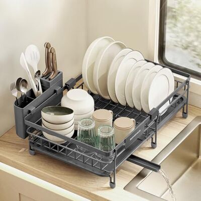 SONGMICS Dish Drainer Rack, Small Extendable Draining Board, Steel Kitchen Sink Drainer, 360° Rotating Extendable Spout, (30.2-46.5) x 30.4 x 14 cm, Grey, PATALLA Collection KCS556GT01 SONGMICS Dish Drainer Rack, Small Extendable Draining Board, Steel Kitchen Sink Drainer, 360° Rotating Extendable Spout, (30.2-46.5) x 30.4 x 14 cm, Grey, PATALLA Collection KCS556GT01