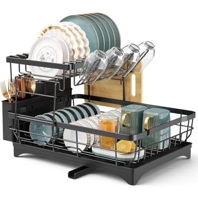 Taylor 2 Tier Black Large Dish Drainer Drying Rack Drying for Kitchen Sink with Drip Tray, Stainless Steel Metal Anti Rust Wide Plate Bowl Draining Washing Up Holder, Extra Big Spout Drainage Taylor 2 Tier Black Large Dish Drainer Drying Rack Drying for Kitchen Sink with Drip Tray, Stainless Steel Metal Anti Rust Wide Plate Bowl Draining Washing Up Holder, Extra Big Spout Drainage