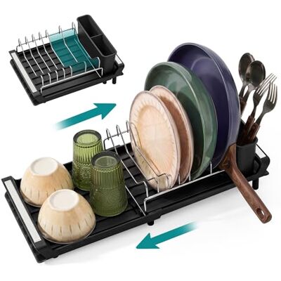 SONGMICS Expandable Dish Drainer Rack with Removable Cutlery Holder Small Dish Drying Rack, Draining Board, Anti-Rust, for Kitchen Counter, Sink, Ink Black, PATALLA Collection KCS044B101 SONGMICS Expandable Dish Drainer Rack with Removable Cutlery Holder Small Dish Drying Rack, Draining Board, Anti-Rust, for Kitchen Counter, Sink, Ink Black, PATALLA Collection KCS044B101