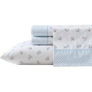 Laura Ashley Sheet Set, Breathable Percale Cotton Bedding, 200 Thread Count, Deep Pocket, Chic Home Decor (Harperette Blue, King) Laura Ashley Sheet Set, Breathable Percale Cotton Bedding, 200 Thread Count, Deep Pocket, Chic Home Decor (Harperette Blue, King)