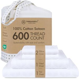 Threadmill Home Linen Full-Size Sheets 100% Pure Cotton 600 Thread Count, 4 Piece Jacquard Damask Hotel White Bed Set, Hotel Quality ELS Combed Cotton, Luxury Bedsheets with Elasticized Deep Pocket Threadmill Home Linen Full-Size Sheets 100% Pure Cotton 600 Thread Count, 4 Piece Jacquard Damask Hotel White Bed Set, Hotel Quality ELS Combed Cotton, Luxury Bedsheets with Elasticized Deep Pocket
