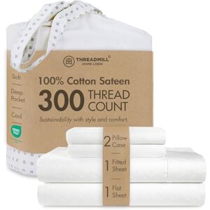 Threadmill Home Linen Queen Sheets Pure Long Staple Cotton, Astra Jacquard Damask Weave, 4 Piece 300 Thread Count Bedding Set, Silky Smooth Hotel White Sheets with Elasticized Deep Pocket Threadmill Home Linen Queen Sheets Pure Long Staple Cotton, Astra Jacquard Damask Weave, 4 Piece 300 Thread Count Bedding Set, Silky Smooth Hotel White Sheets with Elasticized Deep Pocket