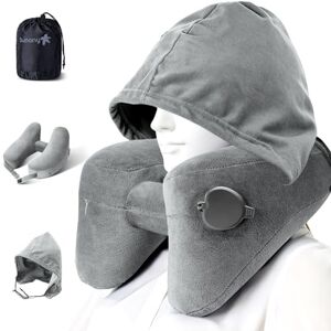 Sunany Inflatable Neck Pillow for Airplane Travel with Hoodie, Portable Neck Head Chin Support for Long Haul Flights Sleeping Napping, with Soft Velour Cover Hat, Travelling Sleep Essentials for Plane Train Sunany Inflatable Neck Pillow for Airplane Travel with Hoodie, Portable Neck Head Chin Support for Long Haul Flights Sleeping Napping, with Soft Velour Cover Hat, Travelling Sleep Essentials for Plane Train