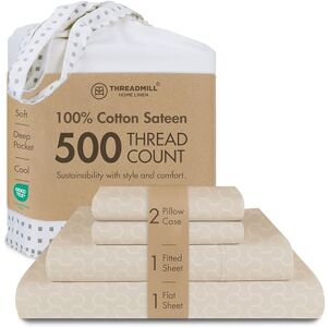 Threadmill Home Linen Threadmill 100% Cotton Sheets for King Size Bed Damask Sateen All-Season 500Thread Count 4 Pc King Bed Sheets Set Soft, Breathable Hotel Quality Snug Fit Elastic Deep Pocket King Sheets Beige Threadmill Home Linen Threadmill 100% Cotton Sheets for King Size Bed Damask Sateen All-Season 500Thread Count 4 Pc King Bed Sheets Set Soft, Breathable Hotel Quality Snug Fit Elastic Deep Pocket King Sheets Beige
