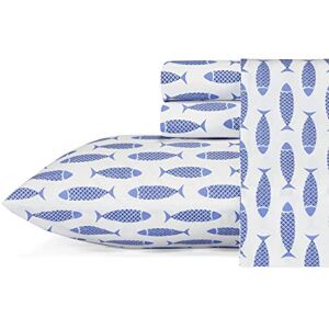 Nautica Cotton Percale Bedding Set, Crisp & Cool, Lightweight & Breathable, 100%, Woodblock Fish Blue, Full Nautica Cotton Percale Bedding Set, Crisp & Cool, Lightweight & Breathable, 100%, Woodblock Fish Blue, Full