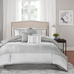 Madison Park All Season Down Alternative Bedding, Matching Bedskirt, Decorative Pillows, Polyester, Geometric Grey, Queen Madison Park All Season Down Alternative Bedding, Matching Bedskirt, Decorative Pillows, Polyester, Geometric Grey, Queen