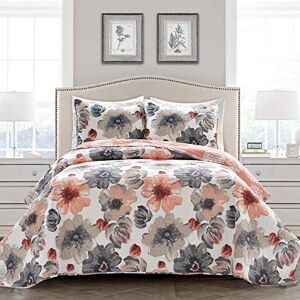 Lush Decor Leah Reversible Floral Quilt Set, 3 Piece Set, King, Coral & Gray Charming Floral Bedding Set Large Blooming Watercolor Flowers Lush Decor Leah Reversible Floral Quilt Set, 3 Piece Set, King, Coral & Gray Charming Floral Bedding Set Large Blooming Watercolor Flowers