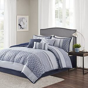 Madison Park Luxury Comforter Set-Traditional Jacquard Design All Season Down Alternative Bedding, Matching Bedskirt, Decorative Pillows, Queen (90"x90"), Bennett, Geometric Navy 7 Piece Madison Park Luxury Comforter Set-Traditional Jacquard Design All Season Down Alternative Bedding, Matching Bedskirt, Decorative Pillows, Queen (90"x90"), Bennett, Geometric Navy 7 Piece
