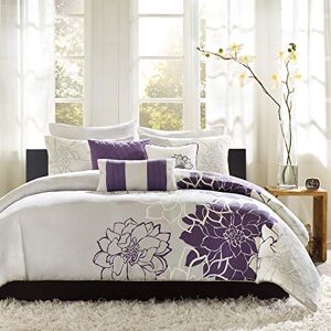 Madison Park Lola 100% Cotton Duvet Set Beautiful Floral Pattern, Ruffle Border Design All Season, Breathable Comforter Cover Bedding, Matching Shams, Full/Queen(90"x90"), Purple/Grey 6 Piece Madison Park Lola 100% Cotton Duvet Set Beautiful Floral Pattern, Ruffle Border Design All Season, Breathable Comforter Cover Bedding, Matching Shams, Full/Queen(90"x90"), Purple/Grey 6 Piece