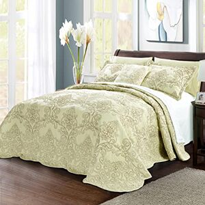Home Soft Things Damask 4 Piece Bedspread Set, Scalloped Edge Quilt Coverlet Comforter Prewashed Bedding Set, Matelasse Embossed Floral Solid Pattern, Yellowish Green Oversize Queen(110" x 120") Home Soft Things Damask 4 Piece Bedspread Set, Scalloped Edge Quilt Coverlet Comforter Prewashed Bedding Set, Matelasse Embossed Floral Solid Pattern, Yellowish Green Oversize Queen(110" x 120")