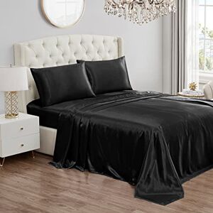 Juicy Couture Queen Size Satin Bed Sheet Set, Deep Pocket Silky Satin Queen Sheet Set with 1 Fitted Sheet, 1 Flat Sheet and 2 Pillow Case, Wrinkle Resistant and Anti Pilling Black Juicy Couture Queen Size Satin Bed Sheet Set, Deep Pocket Silky Satin Queen Sheet Set with 1 Fitted Sheet, 1 Flat Sheet and 2 Pillow Case, Wrinkle Resistant and Anti Pilling Black
