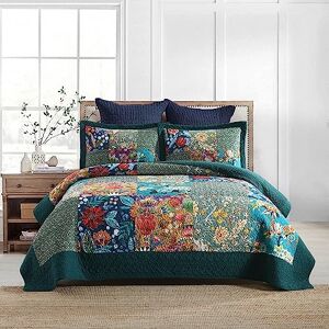 Autumn Dream Cotton Bedspread Quilt Sets Reversible Bedding Coverlet Sets Comforter, Vintage Floral Patchwork Turquoise Bedspread, Queen Size Autumn Dream Cotton Bedspread Quilt Sets Reversible Bedding Coverlet Sets Comforter, Vintage Floral Patchwork Turquoise Bedspread, Queen Size