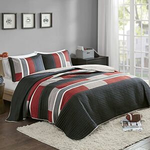 Comfort Spaces CS14-0864 3 Piece Quilt Coverlet Bedspread All Season Lightweight Hypoallergenic Pipeline Colorblock Kids Bedding Set, Full/Queen, Pierre Black/Red Stripe Comfort Spaces CS14-0864 3 Piece Quilt Coverlet Bedspread All Season Lightweight Hypoallergenic Pipeline Colorblock Kids Bedding Set, Full/Queen, Pierre Black/Red Stripe