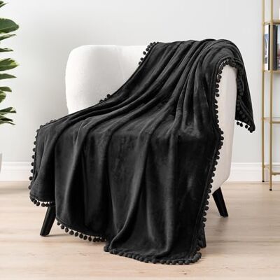PAVILIA Black Throw Blanket Pom Pom for Couch Bed Sofa, Fleece Soft Fuzzy Cozy Lightweight Pompom Fringe Blanket, Decorative Boho Room Home Decor Gift Flannel Velvet Throw, Dark Solid Black, 50x60 PAVILIA Black Throw Blanket Pom Pom for Couch Bed Sofa, Fleece Soft Fuzzy Cozy Lightweight Pompom Fringe Blanket, Decorative Boho Room Home Decor Gift Flannel Velvet Throw, Dark Solid Black, 50x60