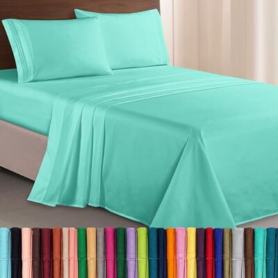 Elegant Comfort Luxurious 1500 Premium Hotel Quality Microfiber Three Line Embroidered Softest 4-Piece Bed Sheet Set, Wrinkle and Fade Resistant, Queen, Paradise Teal Elegant Comfort Luxurious 1500 Premium Hotel Quality Microfiber Three Line Embroidered Softest 4-Piece Bed Sheet Set, Wrinkle and Fade Resistant, Queen, Paradise Teal