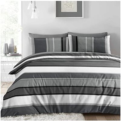 Super Dreamer Reversible Complete Duvet Cover Sets, Breathable Comforter Covers With Fitted Sheet & Pillowcase, 3 Piece Stripe Bedding Set, Grey, Single Super Dreamer Reversible Complete Duvet Cover Sets, Breathable Comforter Covers With Fitted Sheet & Pillowcase, 3 Piece Stripe Bedding Set, Grey, Single