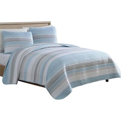 Beatrice Home Fashions Coralinn Striped 3-Piece Quilt Set, Lightweight, All-Seasons, Full/Queen, Blue Gray Beatrice Home Fashions Coralinn Striped 3-Piece Quilt Set, Lightweight, All-Seasons, Full/Queen, Blue Gray