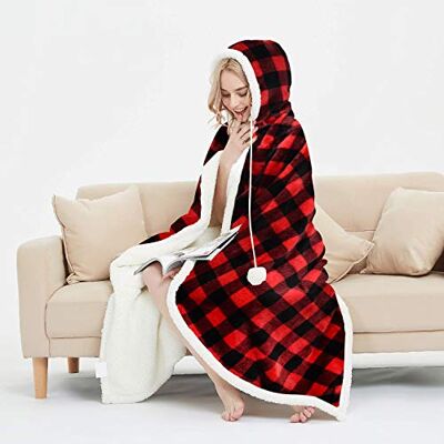 EHC Check Design Super Soft Warm Sherpa Fleece Wearable Hooded Blanket Throw -130 x 180 cm, Red & Black EHC Check Design Super Soft Warm Sherpa Fleece Wearable Hooded Blanket Throw -130 x 180 cm, Red & Black