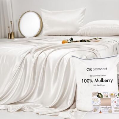 PROMEED 23 Momme Mulberry White Silk Sheets Queen Set 4pcs, 100% Grade 6A+ Silk Bed Sheets Set with Cooling Sheets and Pillowcases (White, Queen) PROMEED 23 Momme Mulberry White Silk Sheets Queen Set 4pcs, 100% Grade 6A+ Silk Bed Sheets Set with Cooling Sheets and Pillowcases (White, Queen)