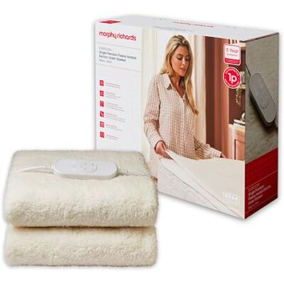 Morphy Richards EverCosy Premium Fleece Heated Electric Under Blanket, Teddy, Single, 150x70cm, 9 Settings, Adjustble Timer, 1p/hour Cost, Machine Washable, Cream, 600020 Morphy Richards EverCosy Premium Fleece Heated Electric Under Blanket, Teddy, Single, 150x70cm, 9 Settings, Adjustble Timer, 1p/hour Cost, Machine Washable, Cream, 600020