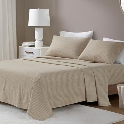Beautyrest Sheet Cozy & Breathable Cotton Flannel Sheets, Elastic Deep Pocket Sheet Set Fits Up to 18" Mattress, All Season, Lightweight, Warm Cotton Bed Sheets, Cal King Beige/White Stripes 4 Piece Beautyrest Sheet Cozy & Breathable Cotton Flannel Sheets, Elastic Deep Pocket Sheet Set Fits Up to 18" Mattress, All Season, Lightweight, Warm Cotton Bed Sheets, Cal King Beige/White Stripes 4 Piece
