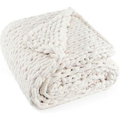 LONG CREATE Chunky Knit Throw Blanket 50"X 60", 100% Handmade with Soft Chenille Yarn, 4.4lbs Thick Cable Knitted Blankets, Large Rope Knot Crochet Throws for Couch Sofa Bed Home Decor, Cream White LONG CREATE Chunky Knit Throw Blanket 50"X 60", 100% Handmade with Soft Chenille Yarn, 4.4lbs Thick Cable Knitted Blankets, Large Rope Knot Crochet Throws for Couch Sofa Bed Home Decor, Cream White