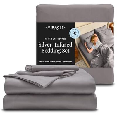 Miracle Made Cotton Bed Sheet Stone, Queen 4 Piece Silver Infused, 300-Thread-Count Thermoregulating Miracle Clean & Cool Sheet Set Miracle Made Cotton Bed Sheet Stone, Queen 4 Piece Silver Infused, 300-Thread-Count Thermoregulating Miracle Clean & Cool Sheet Set