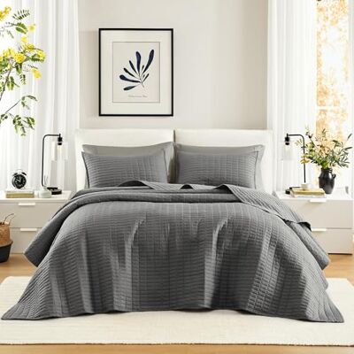 Comfort Spaces King Quilt-All Season Bedding, Charcoal Grey Bedspread with Double Sided Stitching Design, Soft Summer Blanket Matching Shams Coverlet Kienna Collection (120"x118") 3 Piece Comfort Spaces King Quilt-All Season Bedding, Charcoal Grey Bedspread with Double Sided Stitching Design, Soft Summer Blanket Matching Shams Coverlet Kienna Collection (120"x118") 3 Piece