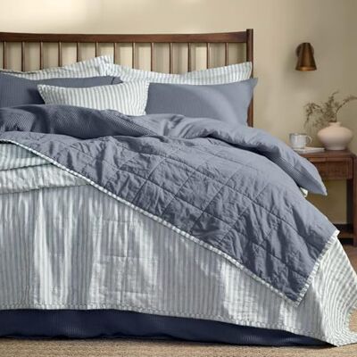 Yard Hebden Stripe Quilted Bedspread – Reversible Textured Soft Cotton Coverlet (Mineral/Denim Blue – 150x200cm) Yard Hebden Stripe Quilted Bedspread – Reversible Textured Soft Cotton Coverlet (Mineral/Denim Blue – 150x200cm)