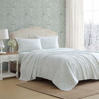 Laura Ashley Queen Bed Sheets, Cotton Flannel Bedding Set with Matching Pillowcases, Brushed for Extra Softness, Deep Pocket, Oeko-Tex Certified (Brinna Green) Laura Ashley Queen Bed Sheets, Cotton Flannel Bedding Set with Matching Pillowcases, Brushed for Extra Softness, Deep Pocket, Oeko-Tex Certified (Brinna Green)