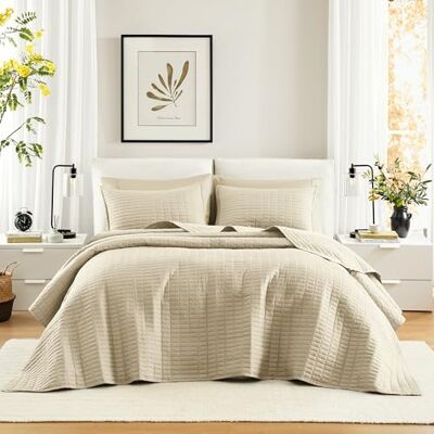Comfort Spaces Kienna Quilt Set-Luxury Double Sided Stitching Design, All Season, Lightweight, Coverlet Bedspread Bedding, Matching Shams, Oversized King(120"x118"), Ivory 3 Piece Comfort Spaces Kienna Quilt Set-Luxury Double Sided Stitching Design, All Season, Lightweight, Coverlet Bedspread Bedding, Matching Shams, Oversized King(120"x118"), Ivory 3 Piece