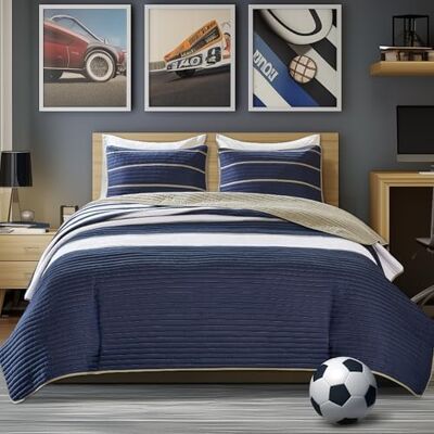 Comfort Spaces Quilt Coverlet Bedspread Ultra Soft Microfiber Pattern Hypoallergenic Bedding Set, Fabric, Verone White Blue Stripe, Full/Queen Comfort Spaces Quilt Coverlet Bedspread Ultra Soft Microfiber Pattern Hypoallergenic Bedding Set, Fabric, Verone White Blue Stripe, Full/Queen