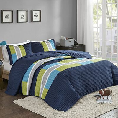 Comfort Spaces 3 Piece Quilt Coverlet Bedspread All Season Lightweight Hypoallergenic Pipeline Colorblock Kids Bedding Set, Full/Queen, Pierre Navy/Blue Stripe Comfort Spaces 3 Piece Quilt Coverlet Bedspread All Season Lightweight Hypoallergenic Pipeline Colorblock Kids Bedding Set, Full/Queen, Pierre Navy/Blue Stripe