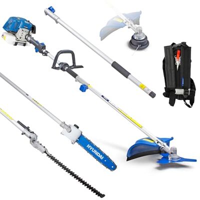Hyundai 52cc Petrol Garden 5-in-1 Multi Tool, Grass Trimmer, Brushcutter, Hedge Trimmer, Pole Saw & 800mm Extension Shaft, Soft Recoil Start, Harness Included, 3 Year Warranty Hyundai 52cc Petrol Garden 5-in-1 Multi Tool, Grass Trimmer, Brushcutter, Hedge Trimmer, Pole Saw & 800mm Extension Shaft, Soft Recoil Start, Harness Included, 3 Year Warranty
