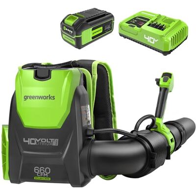 Greenworks 40V Brushless Backpack Leaf Blower (660CFM/165mph), Commercial Grade Power for Patios, Driveways, Patios, Includes 5.0Ah Battery and 5A Fast Charger Greenworks 40V Brushless Backpack Leaf Blower (660CFM/165mph), Commercial Grade Power for Patios, Driveways, Patios, Includes 5.0Ah Battery and 5A Fast Charger